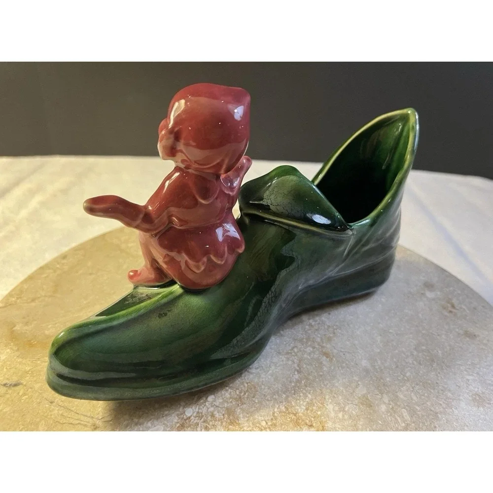 MCM Ceramic Pink Elf on A Green Boot Planter Pixie Planter Excellent Condition
